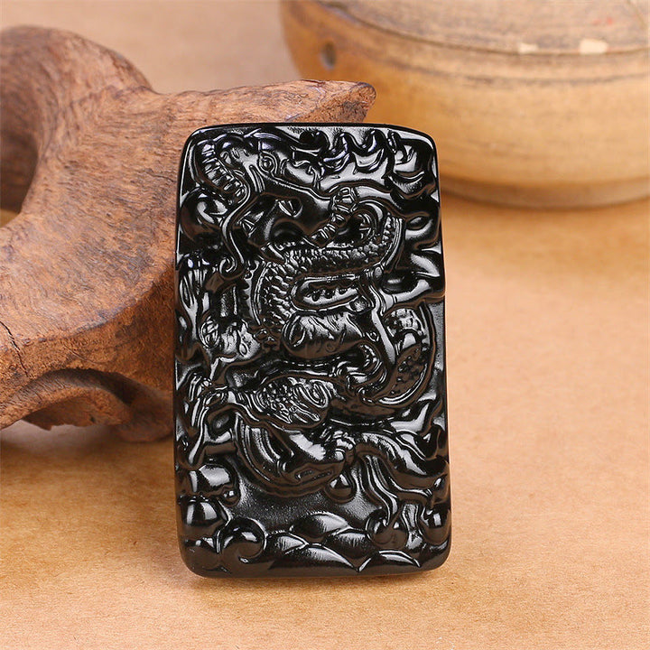 Collier pendentif rectangulaire gravé en obsidienne noire naturelle avec dragon et Buddha Stones - image 3