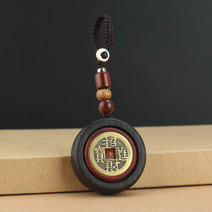 Buddha Stones Pièce de monnaie en cuivre Attire la richesse Bois d'ébène Bois de santal rouge Porte-clés Décoration