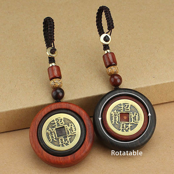 Buddha Stones Pièce de monnaie en cuivre Attire la richesse Bois d'ébène Bois de santal rouge Porte-clés Décoration