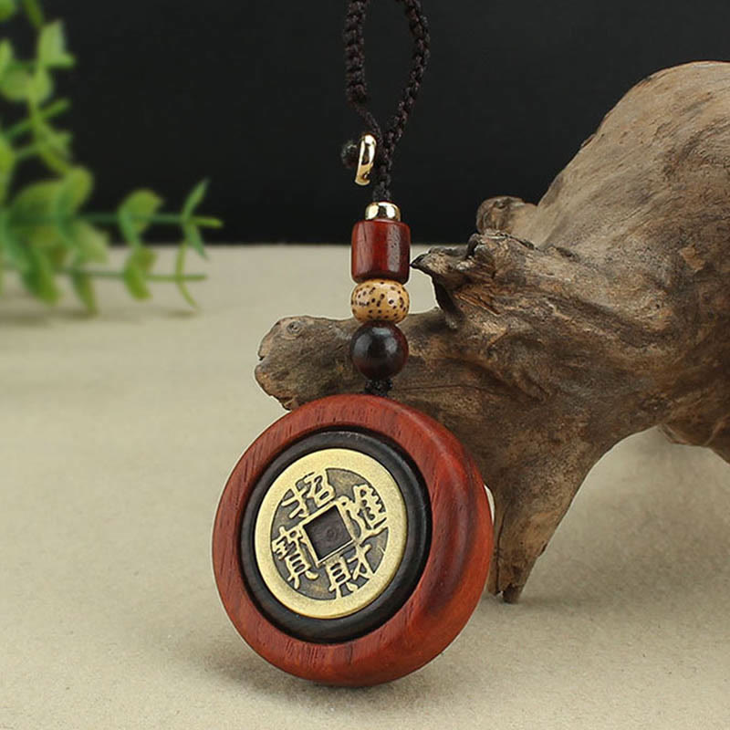 Buddha Stones Pièce de monnaie en cuivre Attire la richesse Bois d'ébène Bois de santal rouge Porte-clés Décoration