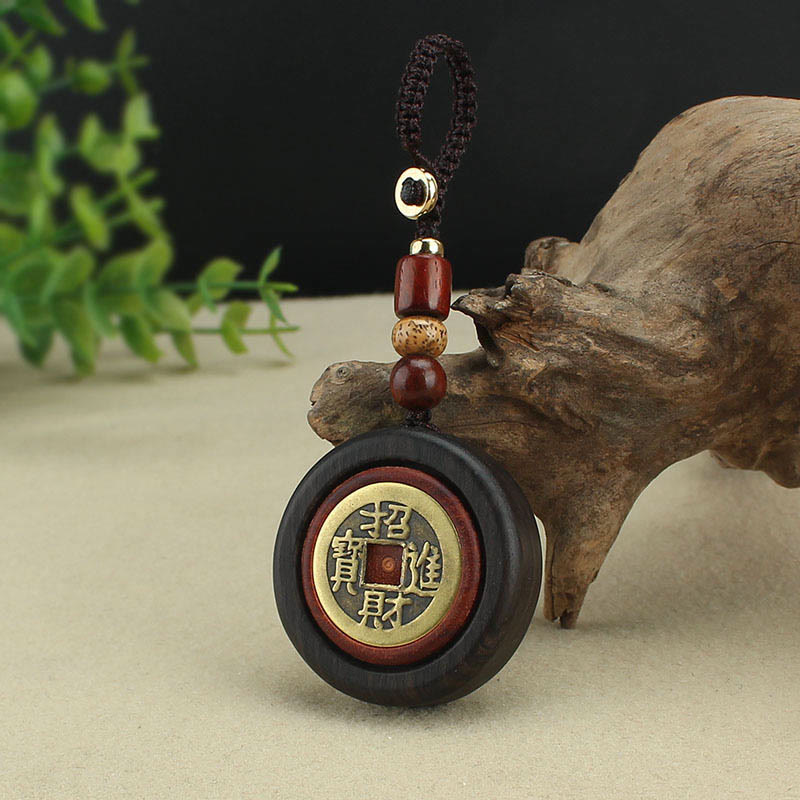 Buddha Stones Pièce de monnaie en cuivre Attire la richesse Bois d'ébène Bois de santal rouge Porte-clés Décoration