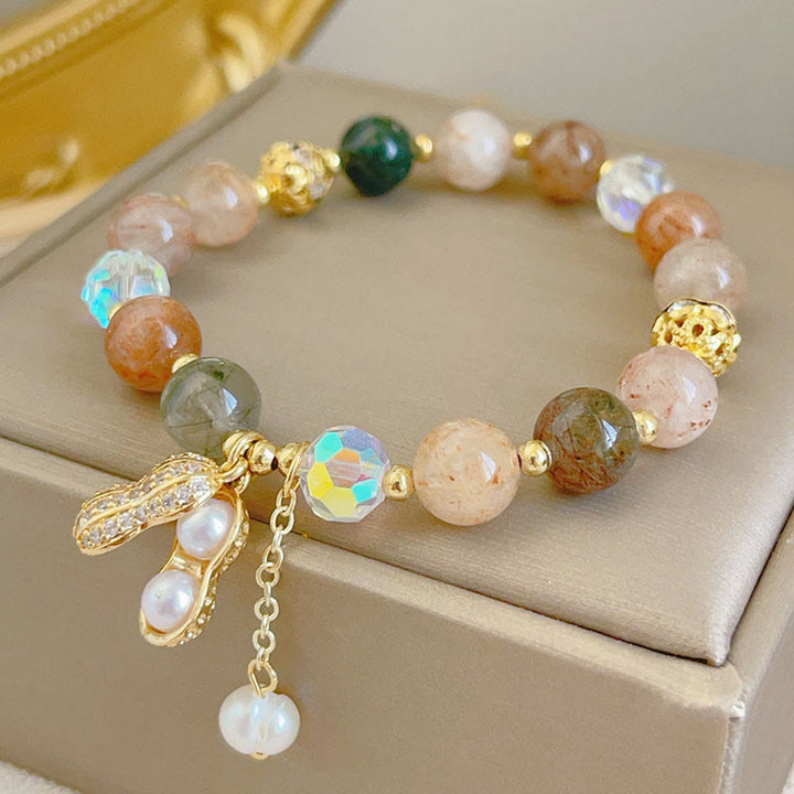 Bracelet à breloques en forme d'arachide Buddha Stones et pierre de soleil en quartz rutile coloré