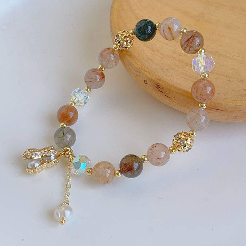 Bracelet à breloques en forme d'arachide Buddha Stones et pierre de soleil en quartz rutile coloré