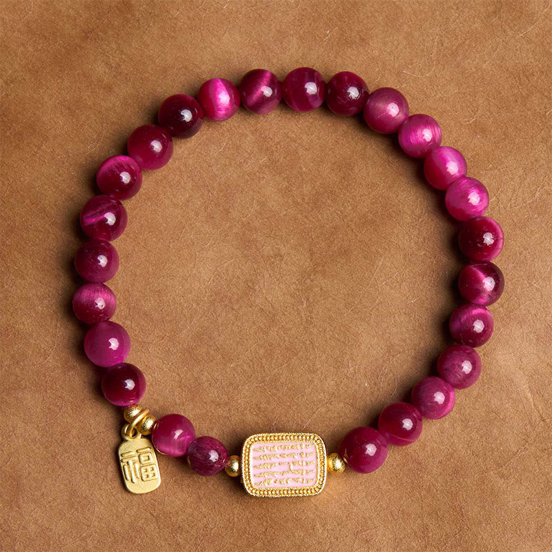 Bracelet de courage avec personnage Fu en œil de tigre rose et rouge Buddha Stones