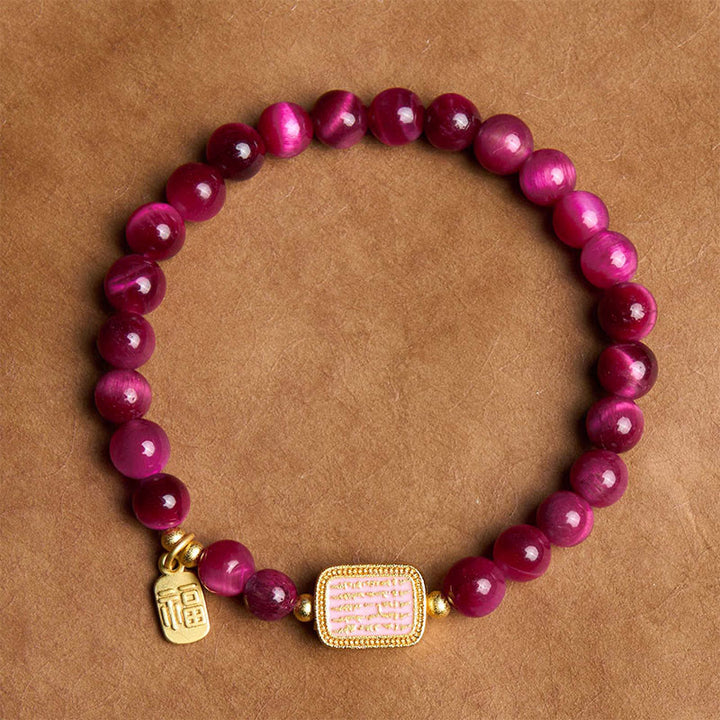 Bracelet de courage avec personnage Fu en œil de tigre rose et rouge Buddha Stones