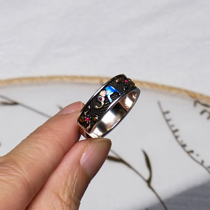 Bague ajustable en Buddha Stones sculptée en forme d'éléphant coloré