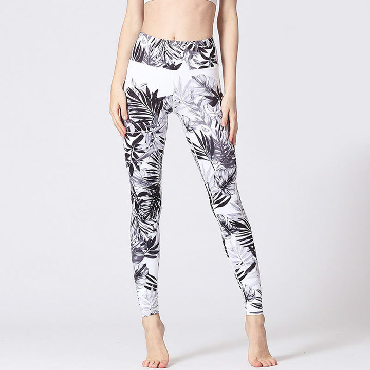 Buddha Stones Lignes Mauvaises Herbes Fleurs Sakura Arbre Noir Pantalon Imprimé Sports Fitness Yoga Leggings Pantalons De Yoga Pour Femmes - Feuilles blanches et noires - US8-10，UK/AU12-14，EU40-42 (XL) - image 35