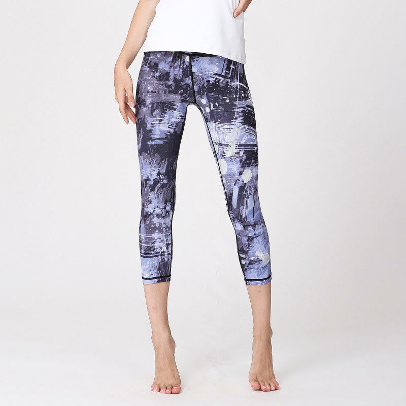 Leggings de yoga courts imprimés de Buddha Stones et de fleurs de cerisier (Sakura Lines), pantalon Capri de yoga pour femme - Lignes grises et bleues - US8-10，UK/AU12-14，EU40-42 (XL) - image 9