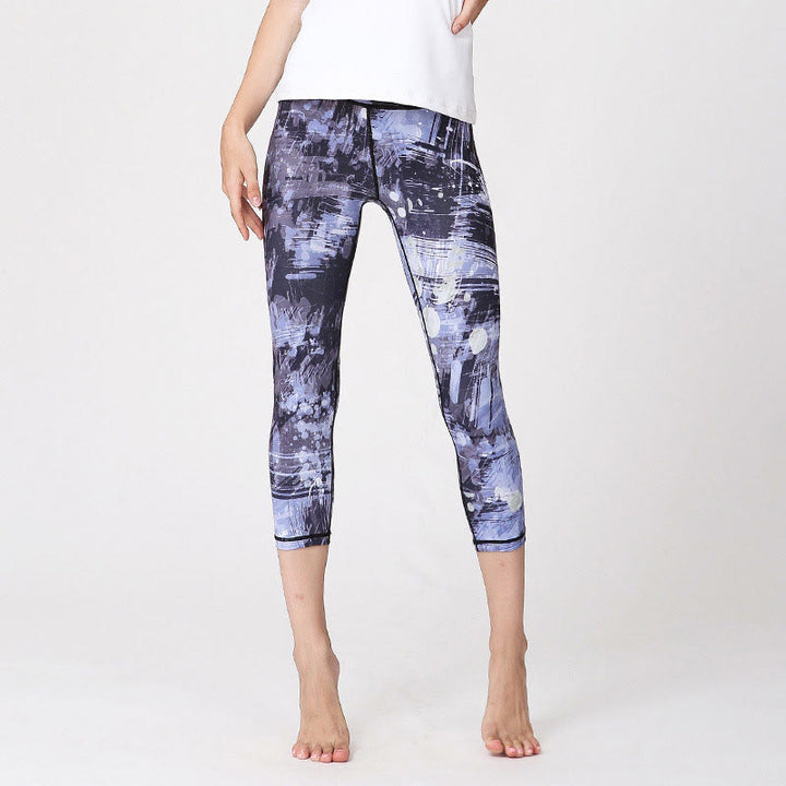 Leggings de yoga courts imprimés de Buddha Stones et de fleurs de cerisier (Sakura Lines), pantalon Capri de yoga pour femme - Lignes grises et bleues - US8-10，UK/AU12-14，EU40-42 (XL) - image 9