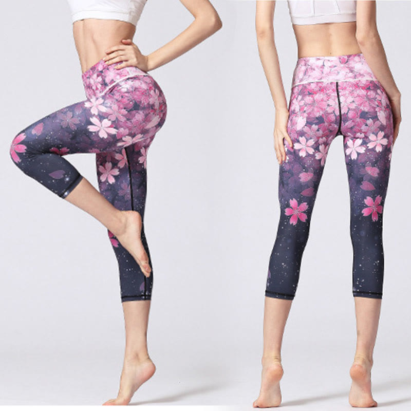 Leggings courts de yoga pour femmes, imprimé Buddha Stones, fleurs de cerisier, lignes Sakura, pantalons de yoga capri - image 4