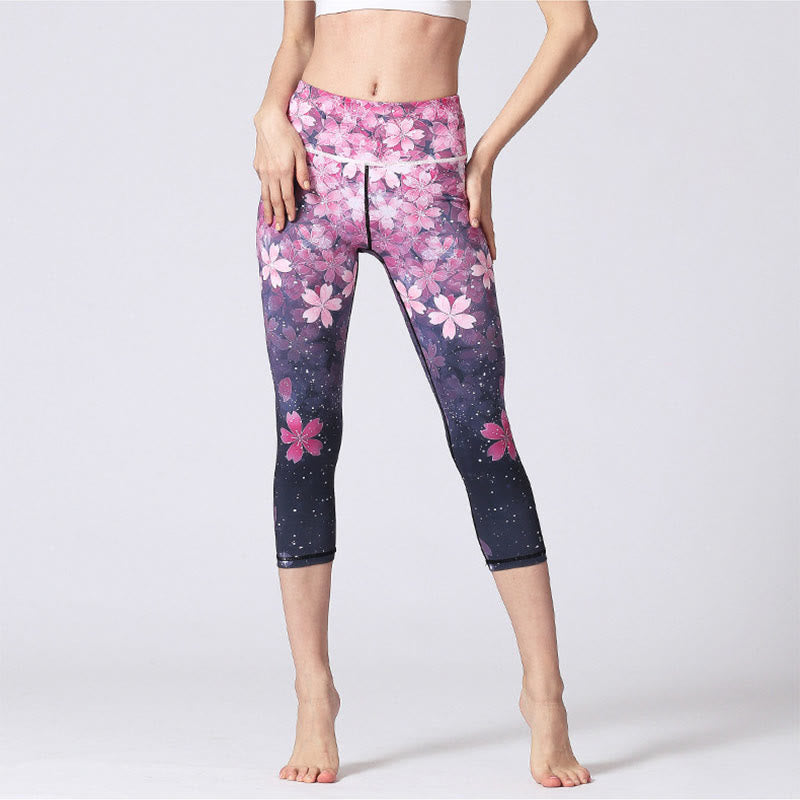 Leggings courts de yoga pour femmes, imprimé Buddha Stones, fleurs de cerisier, lignes Sakura, pantalons de yoga capri - image 1