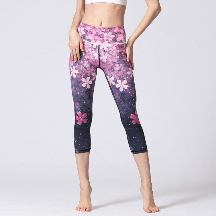 Leggings courts de yoga pour femmes, imprimé Buddha Stones, fleurs de cerisier, lignes Sakura, pantalons de yoga capri - image 1