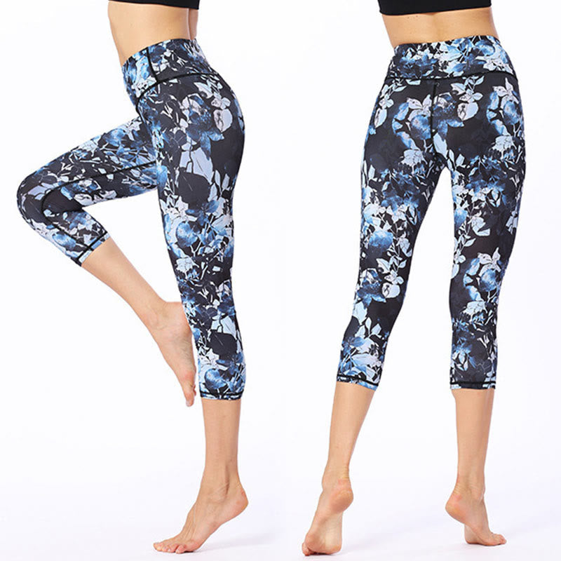 Leggings courts de yoga pour femmes, pantalons capri de yoga, imprimés de Buddha Stones , feuilles et papillons - BleuetBleu - US8-10，UK/AU12-14，EU40-42 (XL) - image 0