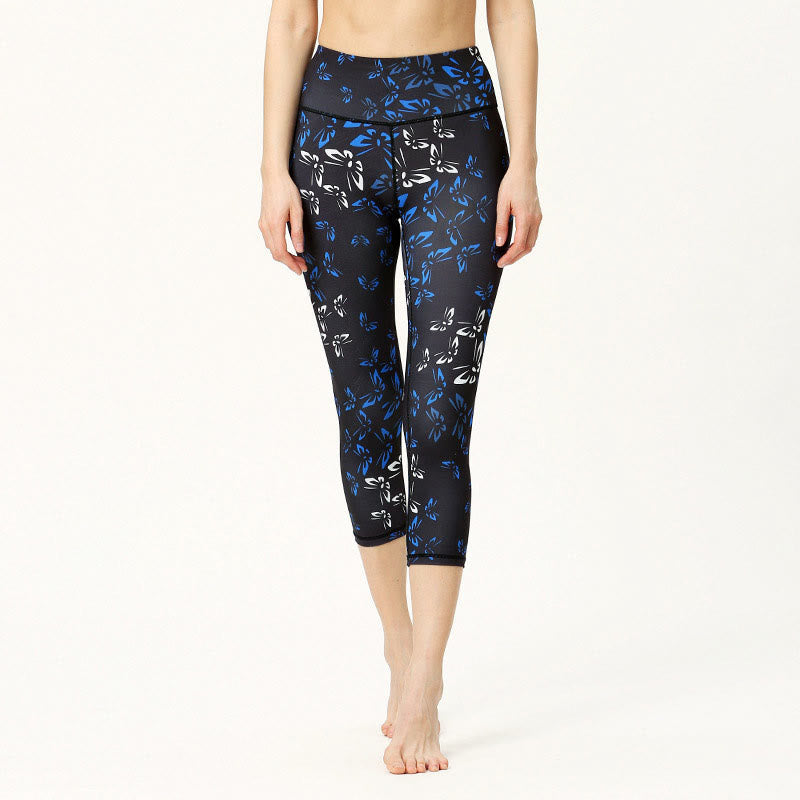 Leggings courts de yoga pour femmes, pantalons capri de yoga, imprimés de Buddha Stones , feuilles et papillons - Noir - US8-10，UK/AU12-14，EU40-42 (XL) - image 4