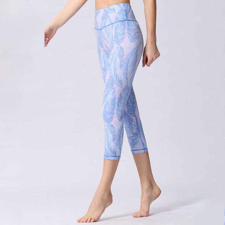 Leggings courts de yoga pour femmes, pantalons capri de yoga, imprimés de Buddha Stones , feuilles et papillons - Cyan clair - US8-10，UK/AU12-14，EU40-42 (XL) - image 10