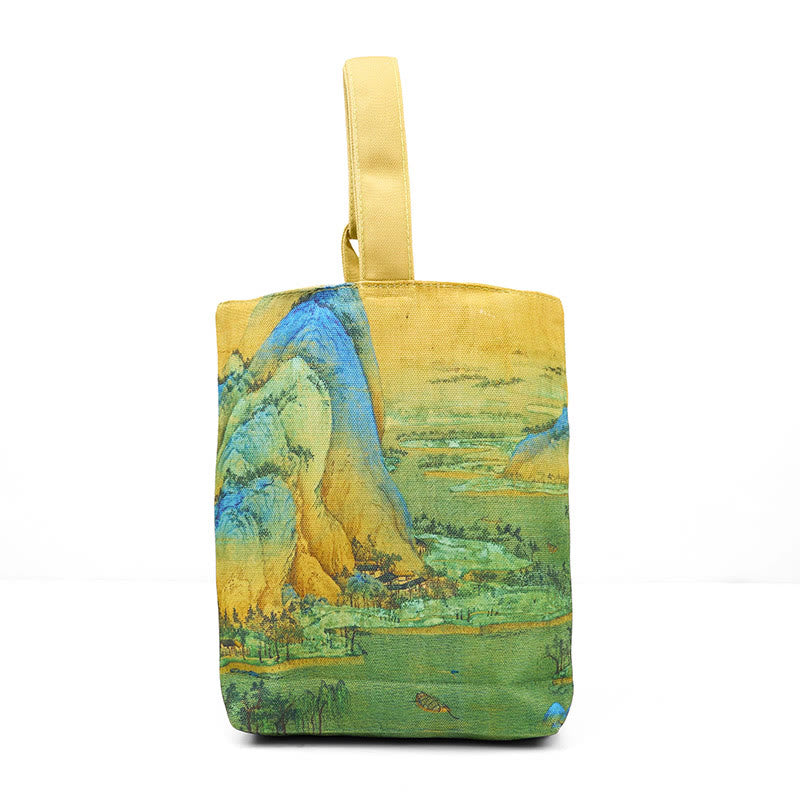 Sac à main en toile avec peinture de paysage de Buddha Stones