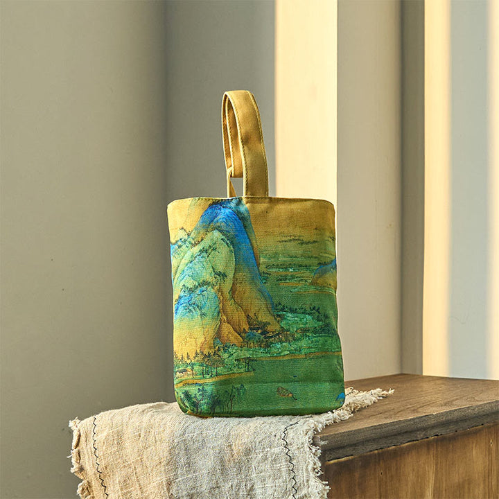 Sac à main en toile avec peinture de paysage de Buddha Stones