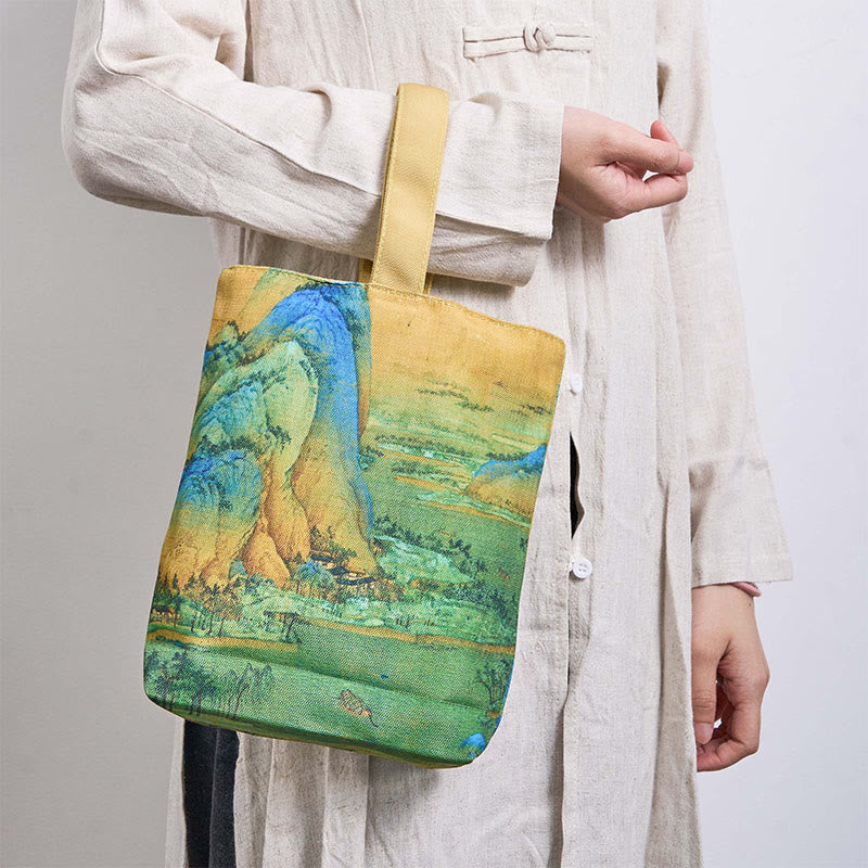Sac à main en toile avec peinture de paysage de Buddha Stones