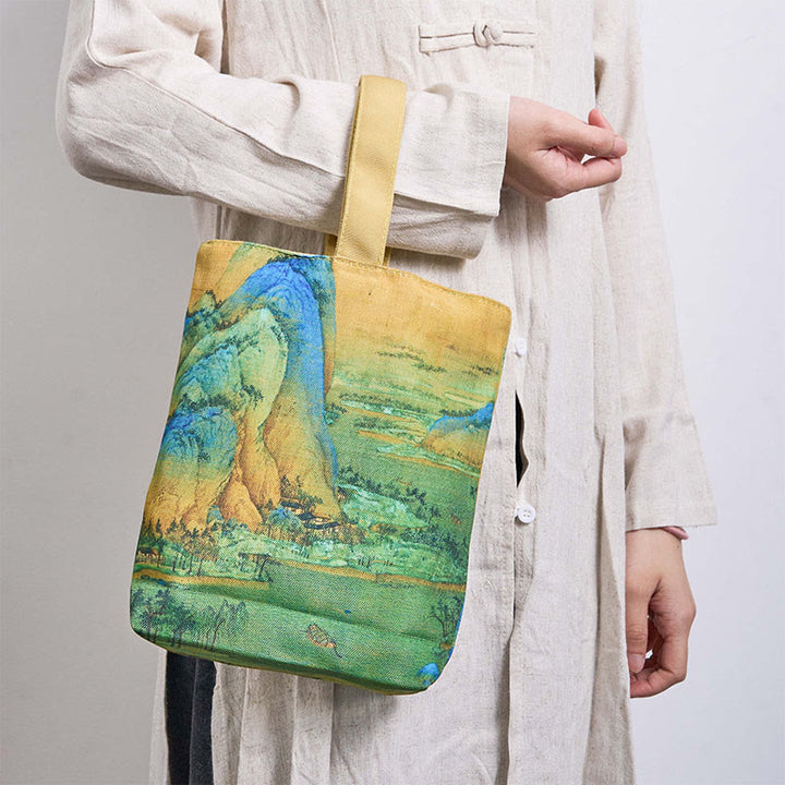 Sac à main en toile avec peinture de paysage de Buddha Stones