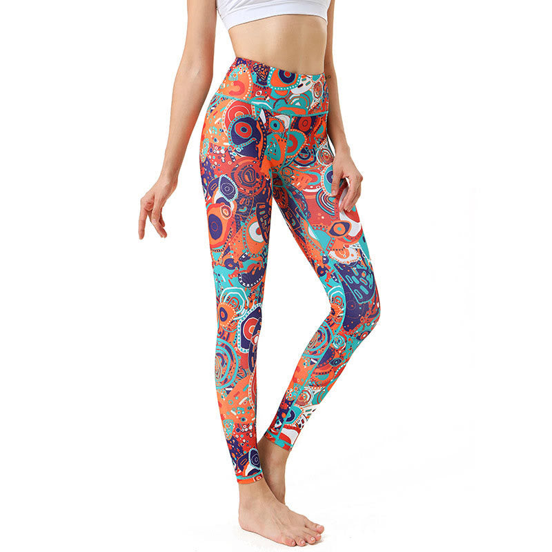 Leggings de sport et de fitness avec imprimé coloré de Buddha Stones et de mauvais œil pour femme - LightCoral - US8-10，UK/AU12-14，EU40-42 (XL) - image 0