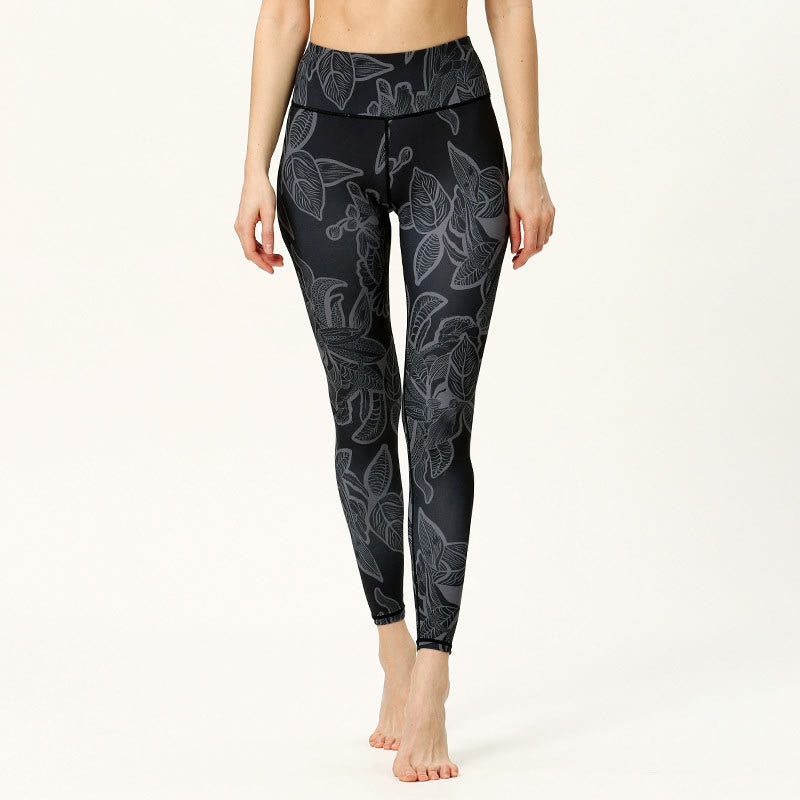 Leggings de sport et de fitness à imprimé feuilles simples avec Buddha Stones Pantalon de yoga pour femme - Gris sombre - US8-10，UK/AU12-14，EU40-42 (XL) - image 6
