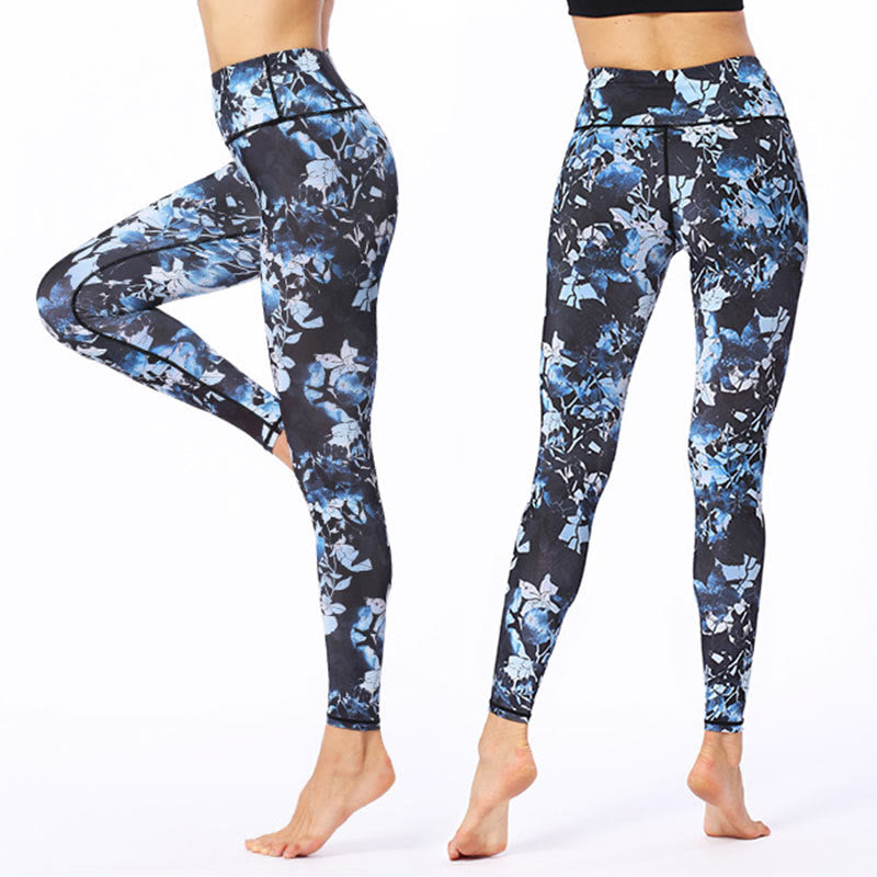 Leggings de sport et de fitness à imprimé feuilles simples avec Buddha Stones Pantalon de yoga pour femme - Bleu ciel - US8-10，UK/AU12-14，EU40-42 (XL) - image 0