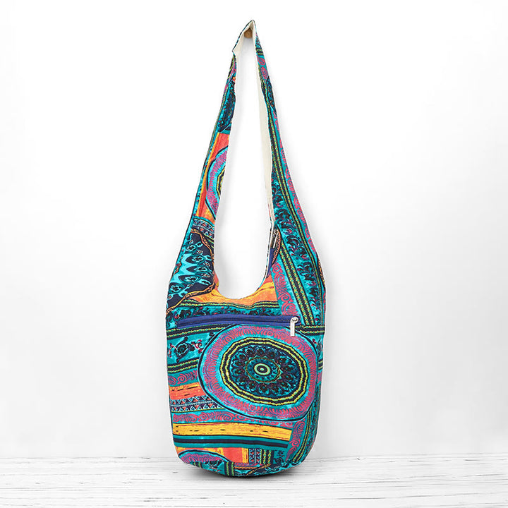 Sac à bandoulière en coton à motif de fleurs bleues Buddha Stones