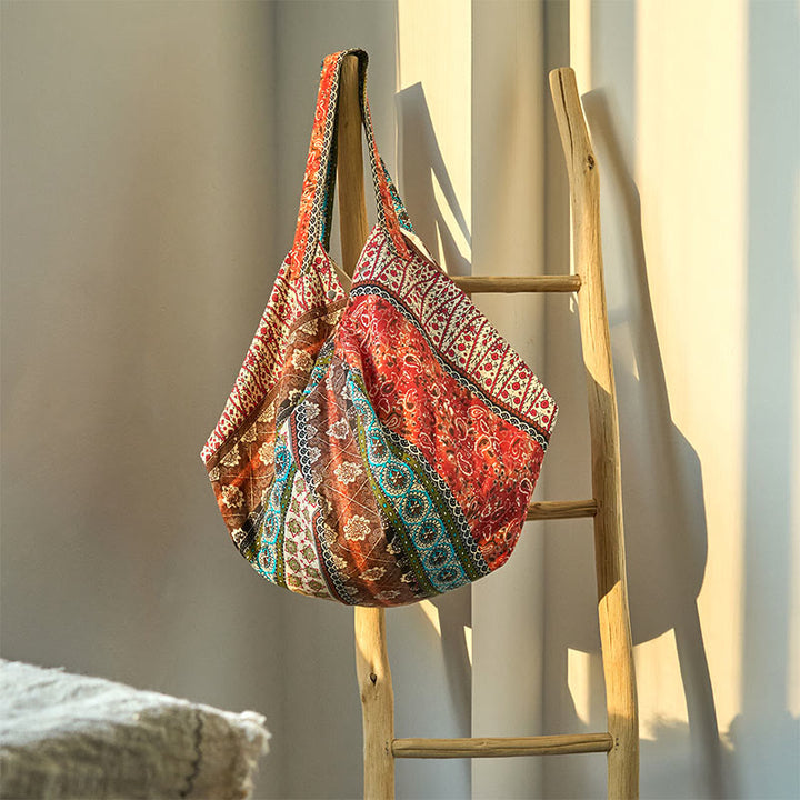 Sac à bandoulière en coton à rayures colorées avec Buddha Stones - Orange marron 50*20*40cm - image 3