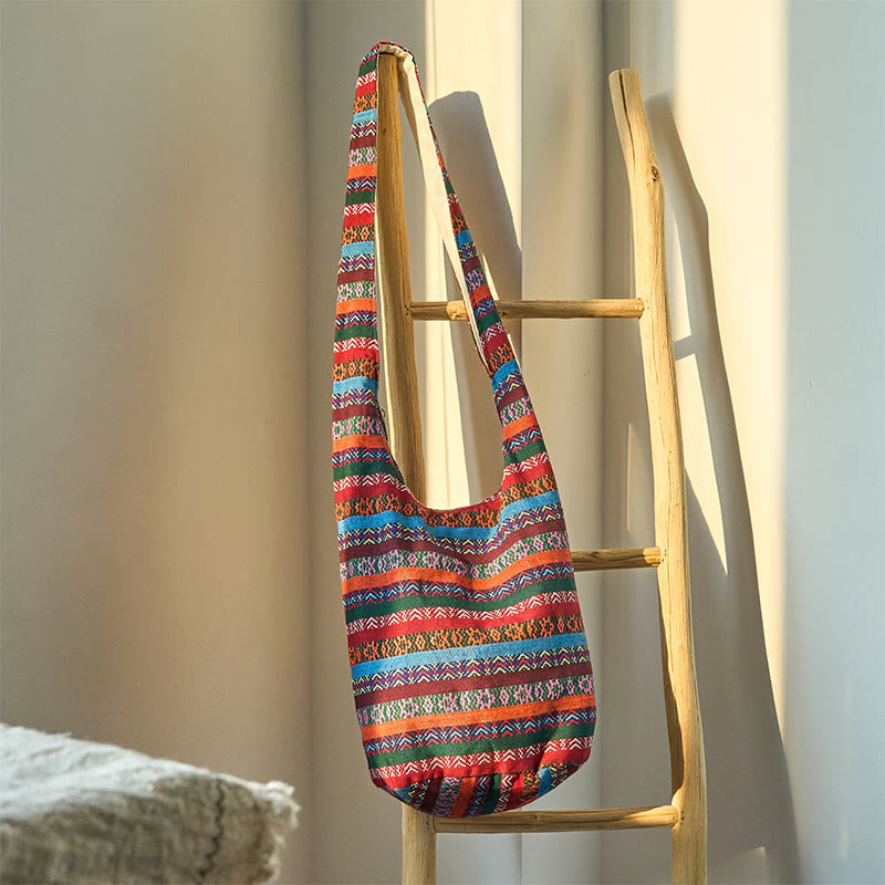 Sac à bandoulière en coton à rayures géométriques colorées avec Buddha Stones