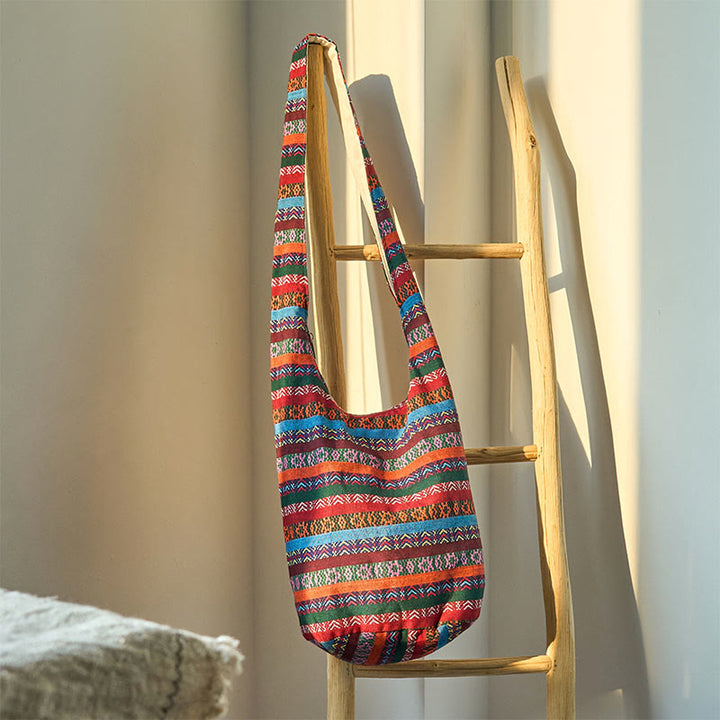 Sac à bandoulière en coton à rayures géométriques colorées avec Buddha Stones