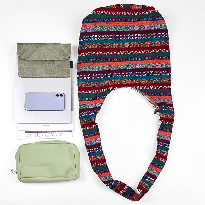 Sac à bandoulière en coton à rayures géométriques colorées avec Buddha Stones