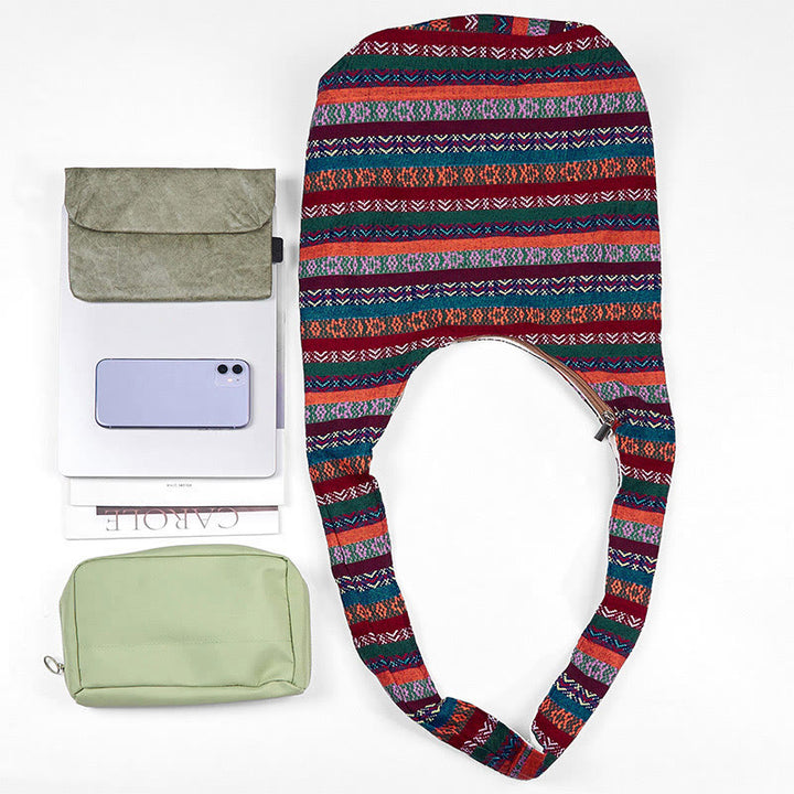 Sac à bandoulière en coton à rayures géométriques colorées avec Buddha Stones