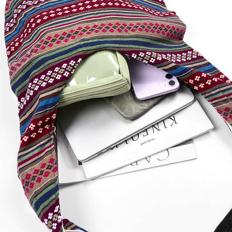 Sac à bandoulière en coton à rayures géométriques colorées avec Buddha Stones