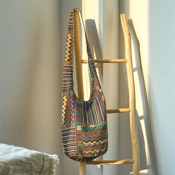 Sac à bandoulière en coton à motif de vagues vertes et brunes Buddha Stones