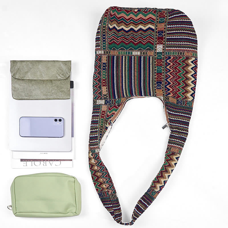 Sac à bandoulière en coton à motif de vagues vertes et brunes Buddha Stones