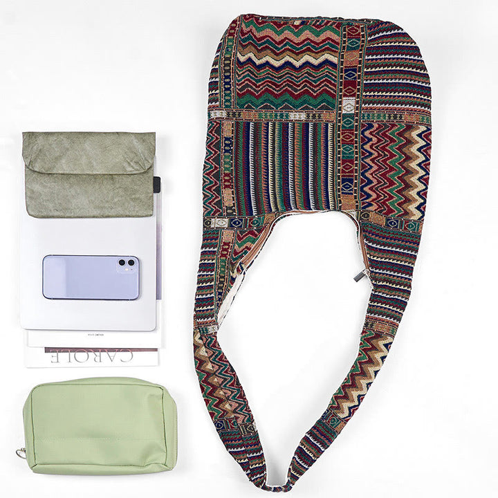 Sac à bandoulière en coton à motif de vagues vertes et brunes Buddha Stones