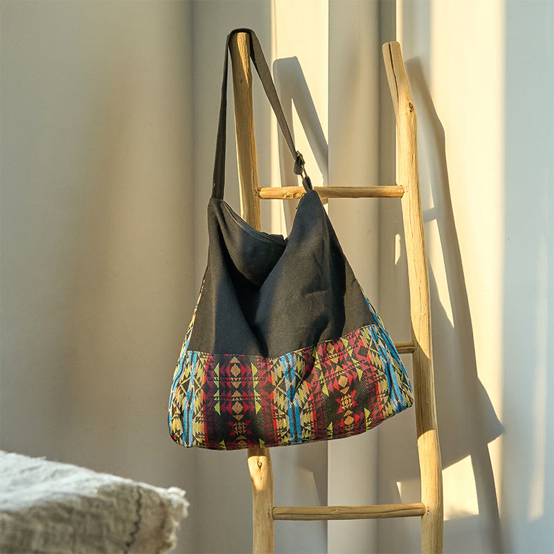 Sac à bandoulière en coton à rayures noires, rouges et bleues avec Buddha Stones