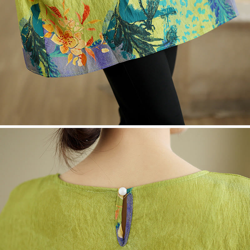 T-shirt en lin à manches trois-quarts avec Buddha Stones et fleurs jaunes et vertes - image 7