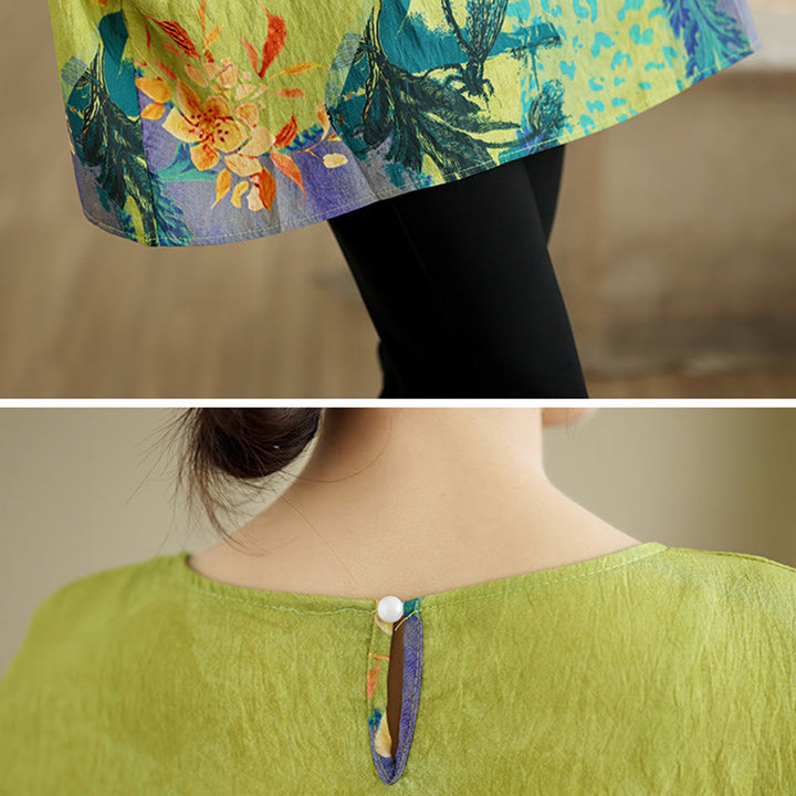 T-shirt en lin à manches trois-quarts avec Buddha Stones et fleurs jaunes et vertes - image 7