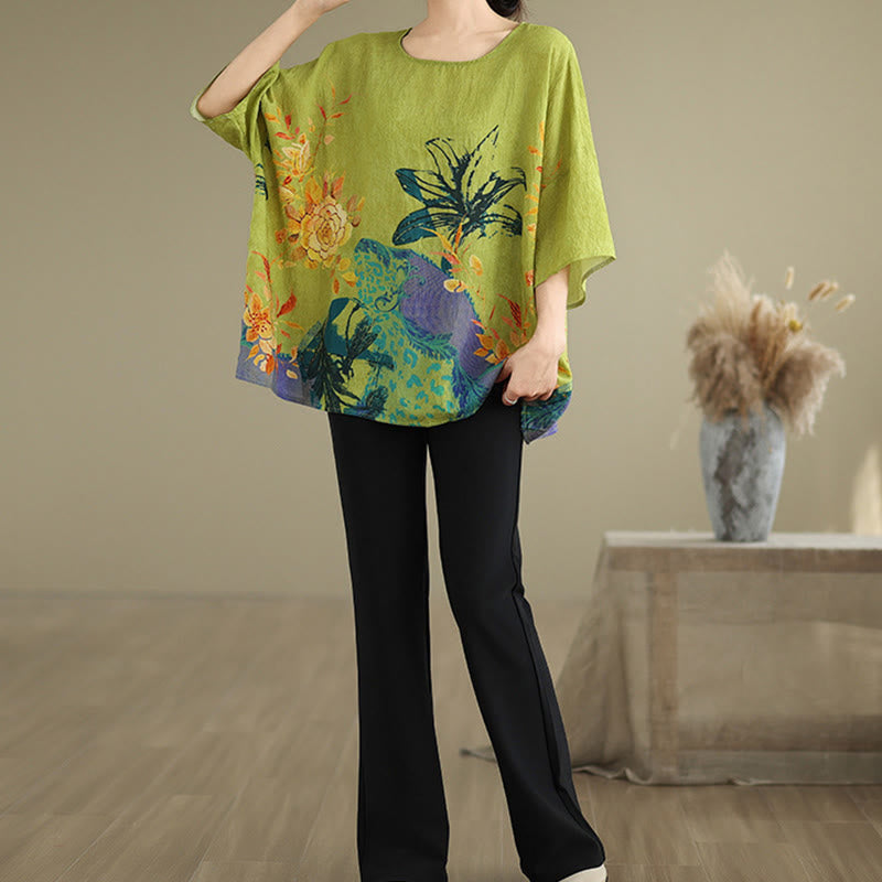 T-shirt en lin à manches trois-quarts avec Buddha Stones et fleurs jaunes et vertes