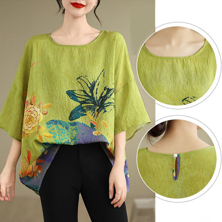 T-shirt en lin à manches trois-quarts avec Buddha Stones et fleurs jaunes et vertes - image 9