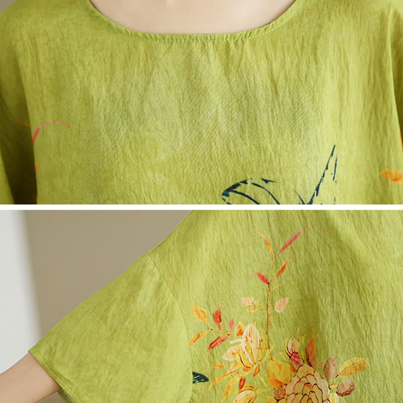 T-shirt en lin à manches trois-quarts avec Buddha Stones et fleurs jaunes et vertes