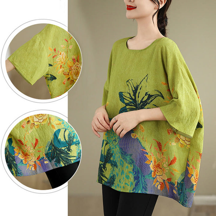 T-shirt en lin à manches trois-quarts avec Buddha Stones et fleurs jaunes et vertes