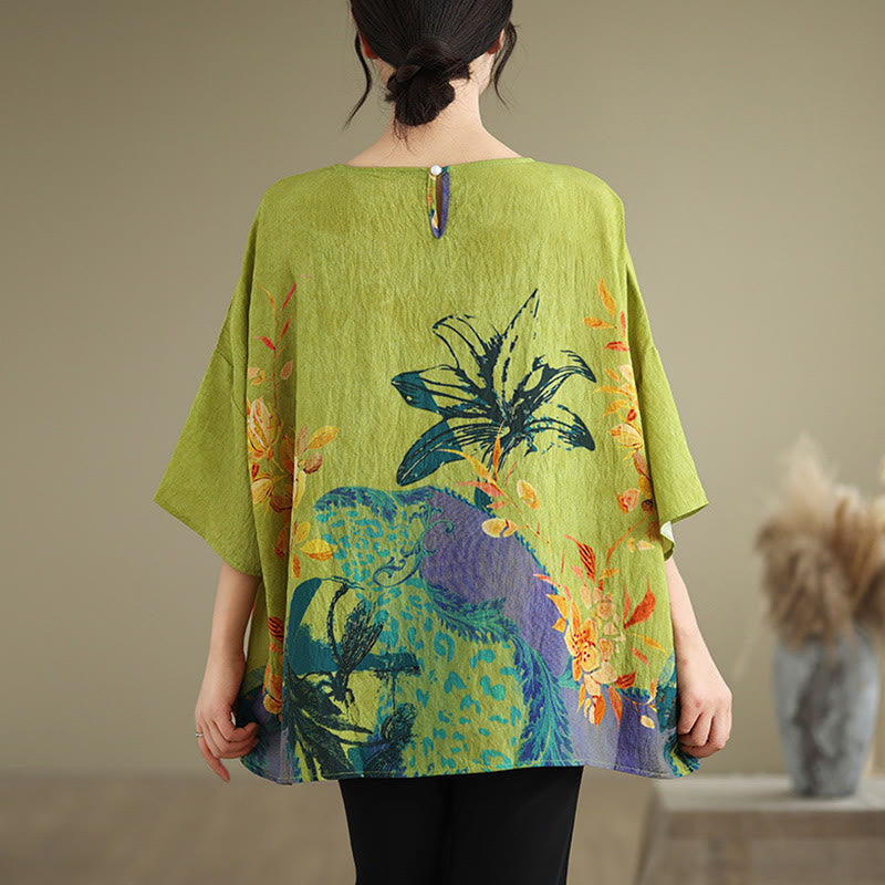 T-shirt en lin à manches trois-quarts avec Buddha Stones et fleurs jaunes et vertes