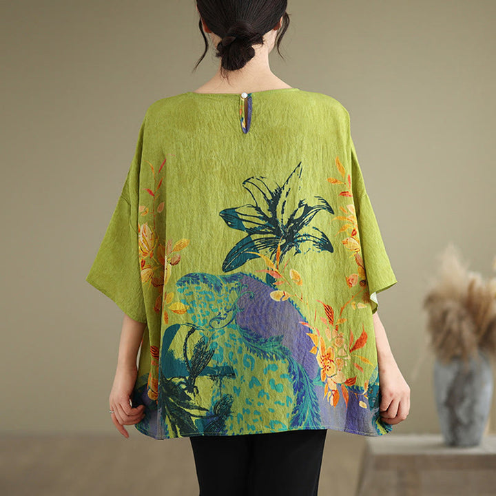 T-shirt en lin à manches trois-quarts avec Buddha Stones et fleurs jaunes et vertes