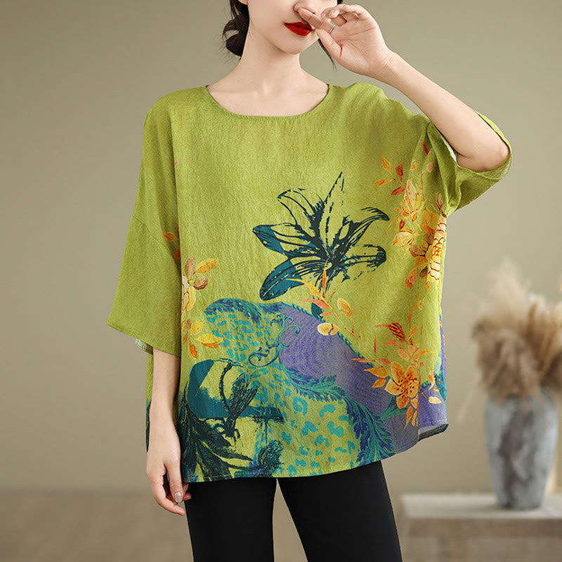 T-shirt en lin à manches trois-quarts avec Buddha Stones et fleurs jaunes et vertes