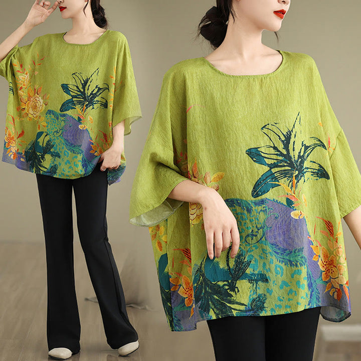 T-shirt en lin à manches trois-quarts avec Buddha Stones et fleurs jaunes et vertes