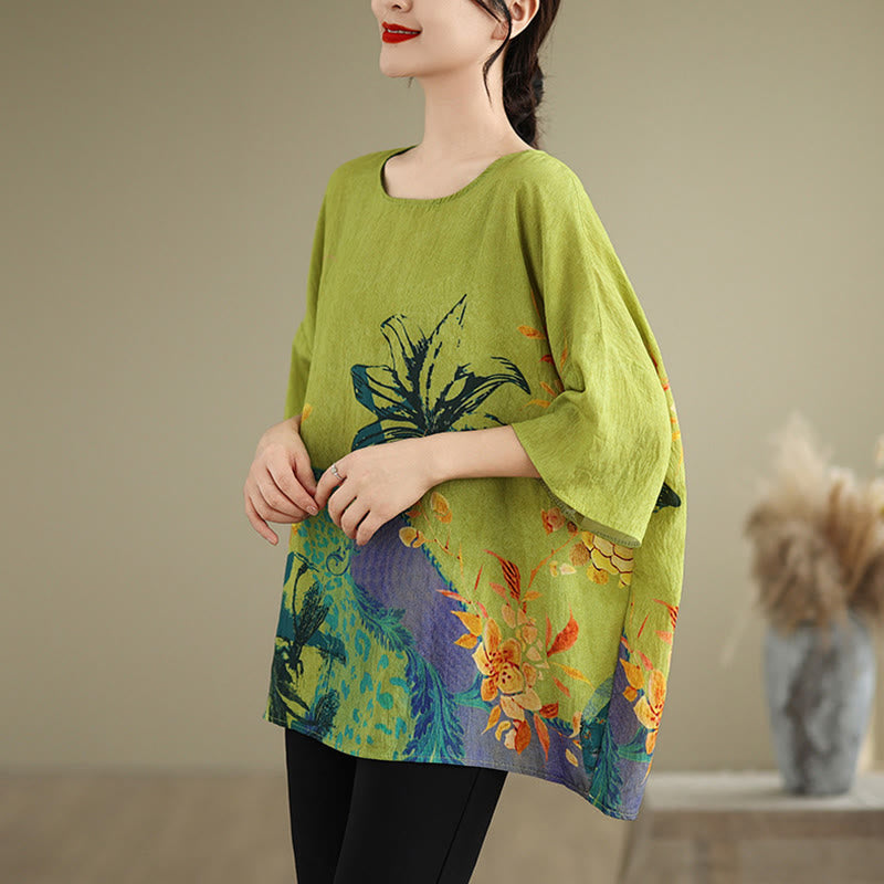 T-shirt en lin à manches trois-quarts avec Buddha Stones et fleurs jaunes et vertes