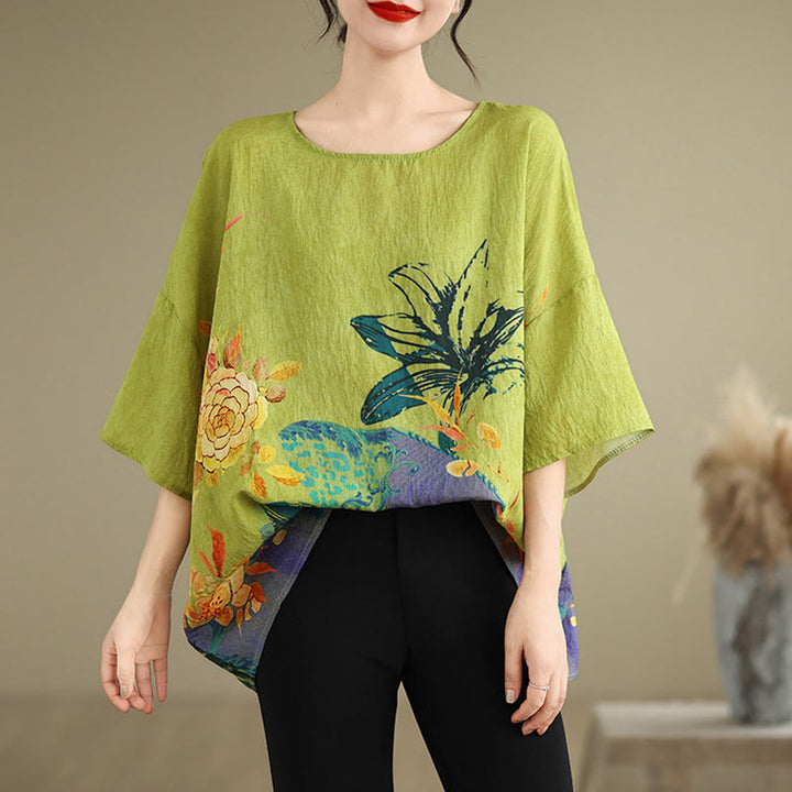T-shirt en lin à manches trois-quarts avec Buddha Stones et fleurs jaunes et vertes