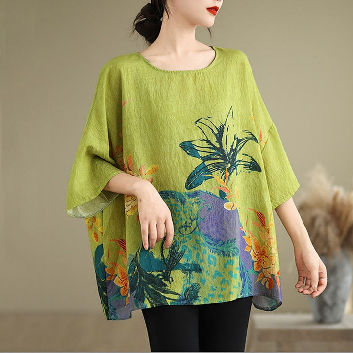 T-shirt en lin à manches trois-quarts avec Buddha Stones et fleurs jaunes et vertes